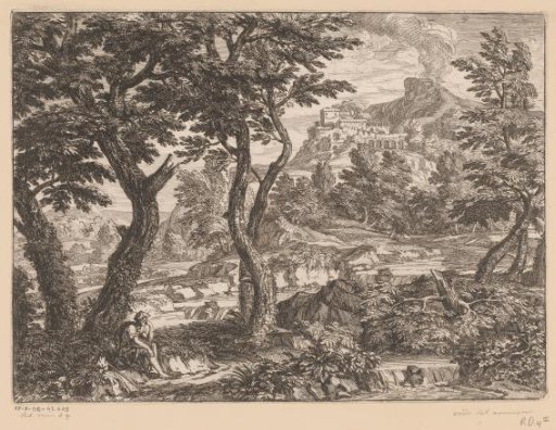 River landscape with a traveler sitting by a path