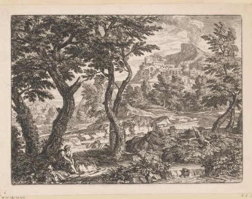 River landscape with a traveler sitting by a path