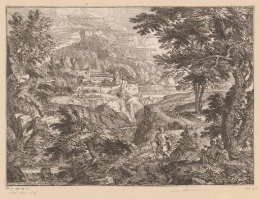 Landscape with a man and woman sitting under a tree and a standing man on a path