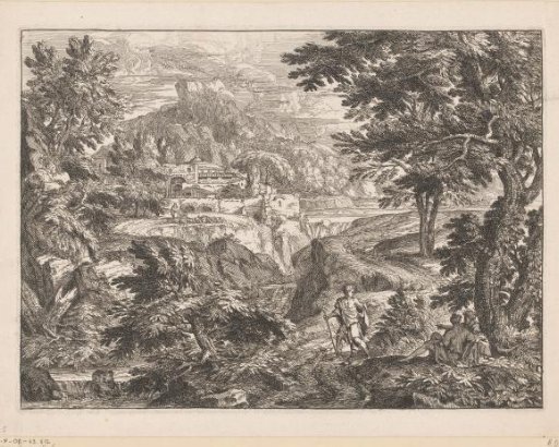 Landscape with a man and woman sitting under a tree and a standing man on a path