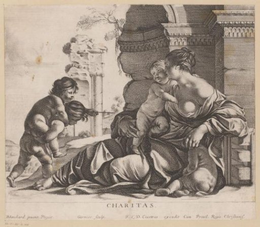 Charity with children by a ruin