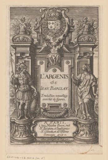 Coat of arms in a monumental frame with allegorical figures