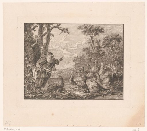 Ape-like figure addressing a group of turkeys