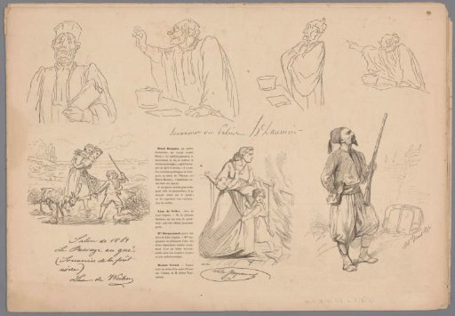 Four caricatures: a man, a woman with children and a goat, a woman with children at a fire, and a man with a fez and rifle
