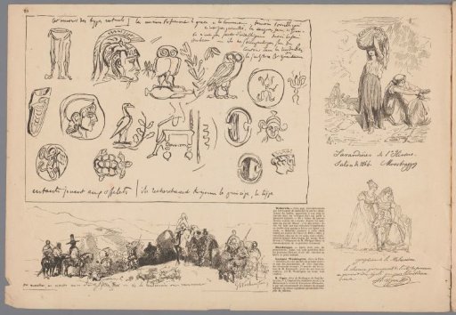 Medals and cameos, washerwomen, traveling horsemen, and two women with children