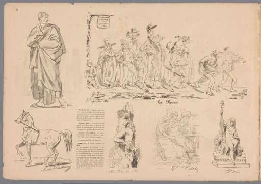 Standing man, caricature of a group of people, a horse, Andromeda, two figures in a workshop, and an Egyptian figure on a sphinx