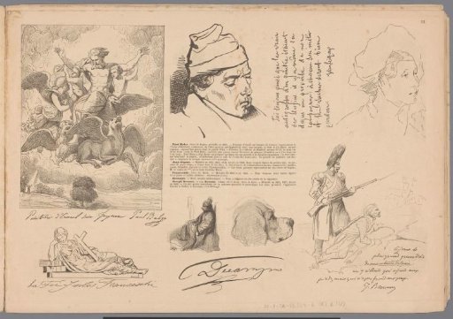 Figure carried by the Evangelists, head of a man and head of a woman, personification of Faith, reclining figure, head of a dog, and two soldiers with muskets