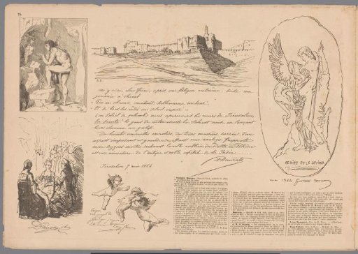 Oedipus and the Sphinx, View of a City Wall, Company in an Interior, and Three Putti