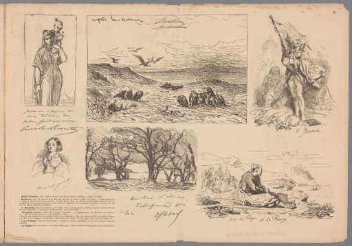 Mother with Child, Landscape with Vultures, Man with a Banner on a Battlefield, Seated Woman, Trees, and a Resting Man with a Fez in a Tent Camp