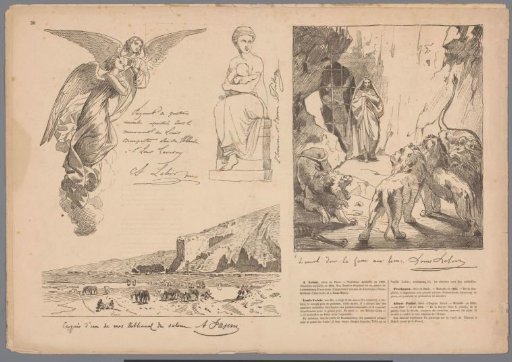Two angels, a mother with child, Daniel in the lions' den, and landscape with horses