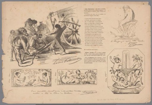 Fallen horses before a cart, Leda and the swan, putti with birds, and bacchantes in a fountain