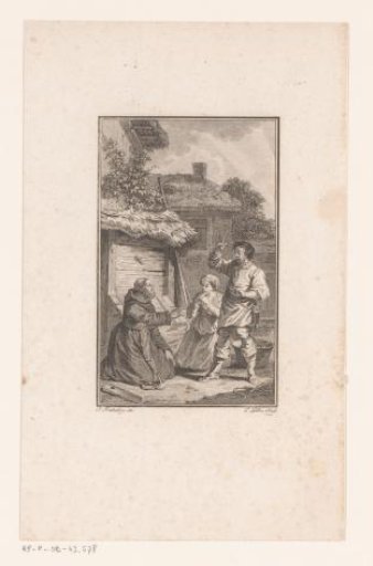 Kneeling Monk and Woman Before a Man at a Stable