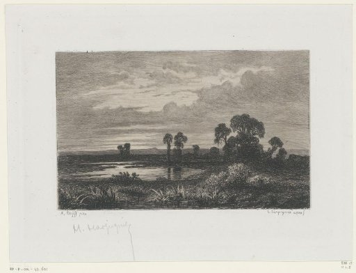 Landscape with trees by a pool
