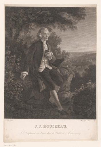 Portrait of Jean-Jacques Rousseau, seated on a rock in a landscape