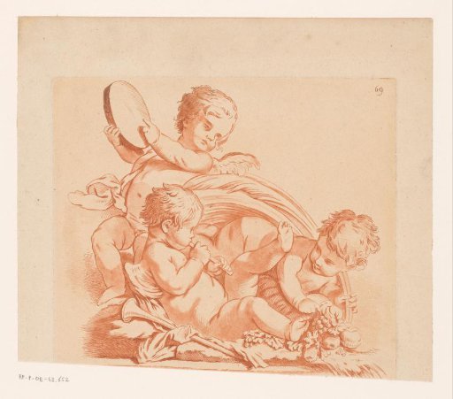 Three putti with musical instruments and fruit