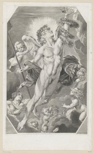 Naked angel with wreaths and crown surrounded by putti