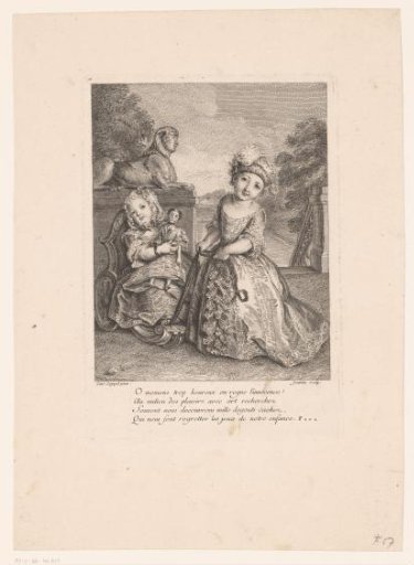 Two children playing with a doll on a terrace