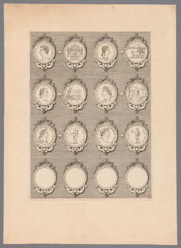 Sixteen medals with ornamented frames, four of which are blank
