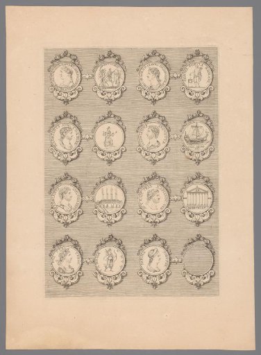 Sixteen medals with ornamented frames, one of which is blank