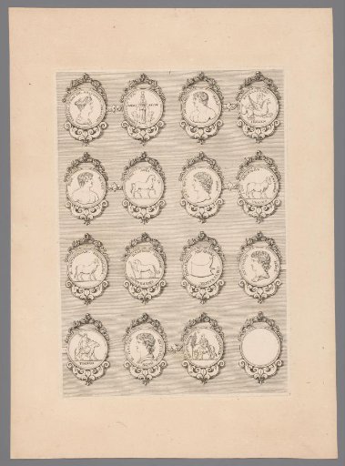 Sixteen medals with ornamented frames, one of which is blank