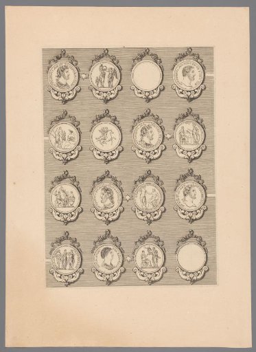 Sixteen medals with decorated frames, of which two are blank