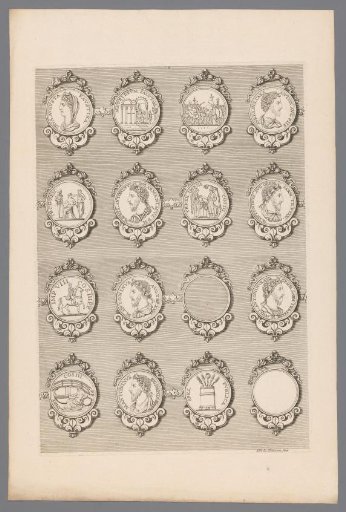 Sixteen medals with decorated frames, of which two are blank