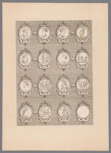 Sixteen medals with decorated frames, of which one is blank