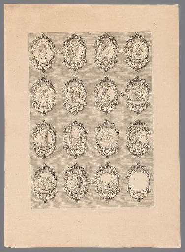 Sixteen medals with decorated frames, of which one is blank