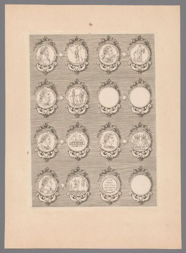 Sixteen medals with decorated frames, of which three are blank