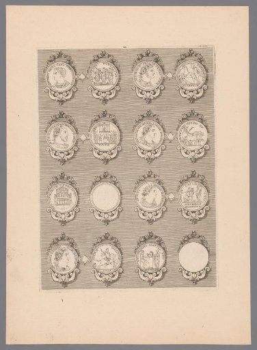 Sixteen medals with decorated frames, of which two are blank