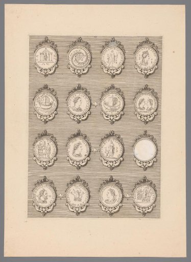 Sixteen medals with decorated frames, of which one is blank