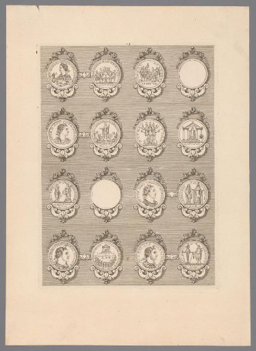 Sixteen medals with decorated frames, of which two are blank