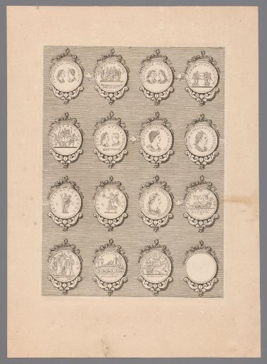 Sixteen medals with decorated frames, of which one is blank