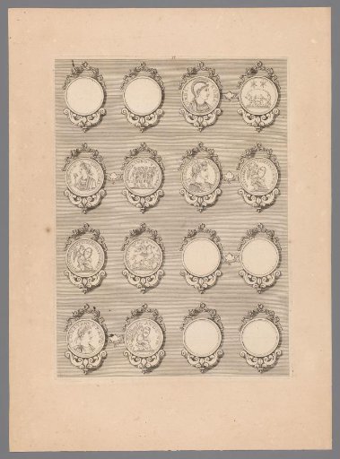 Sixteen medals with decorated frames, of which six are blank