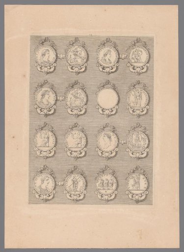 Sixteen medals with decorated frames, of which one is blank