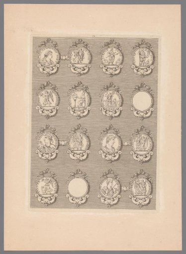 Sixteen medals with decorated frames, of which two are blank
