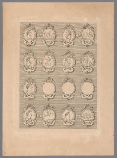 Sixteen medals with decorated frames, of which three are blank
