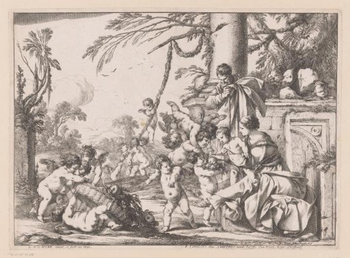 Holy Family and putti with fruit basket in a landscape