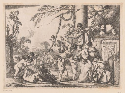 Holy Family and putti with fruit basket in a landscape