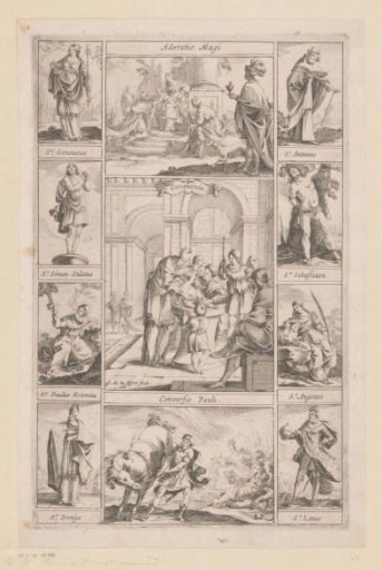 Adoration of the Magi, Circumcision and Conversion of Paul surrounded by eight saints