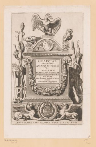Classical altar with griffins, a garland and the attributes of various classical gods