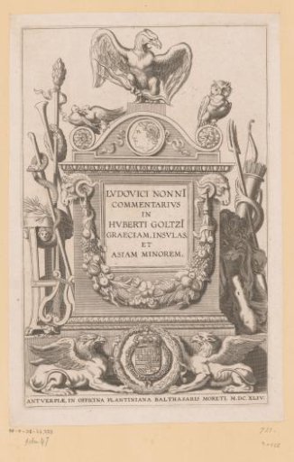Classical altar with griffins, a garland and the attributes of various classical gods