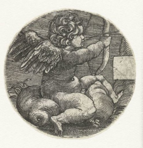 Cupid with arrow and bow seated on a cushion
