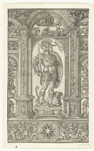 Mars with the constellations Scorpio and Aries in an architectural frame