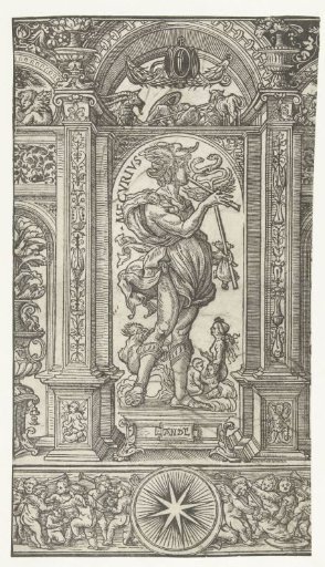 Mercury with the constellations Virgo and Gemini in an architectural frame