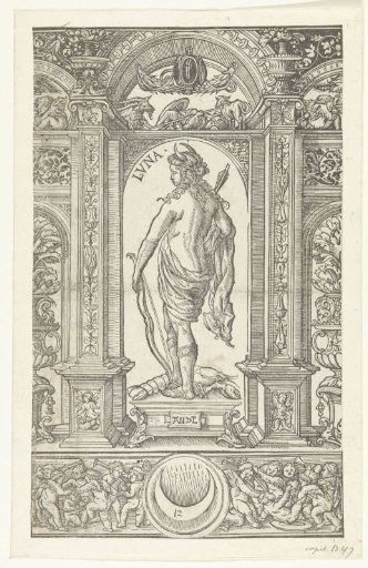 Luna (Moon) with arrow and bow and the constellation Cancer in an architectural frame