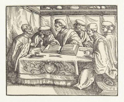 Six scholars sitting around a table