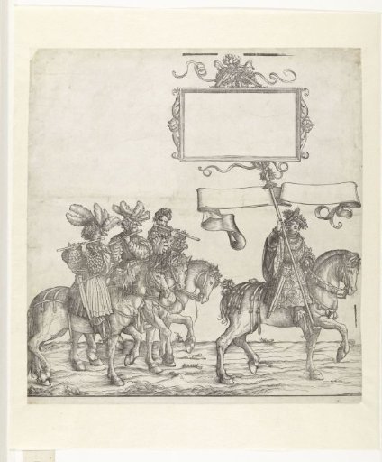 Flute players and standard-bearer on horseback