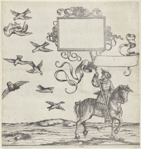 Hunting falcons and falconer on horseback as standard-bearer