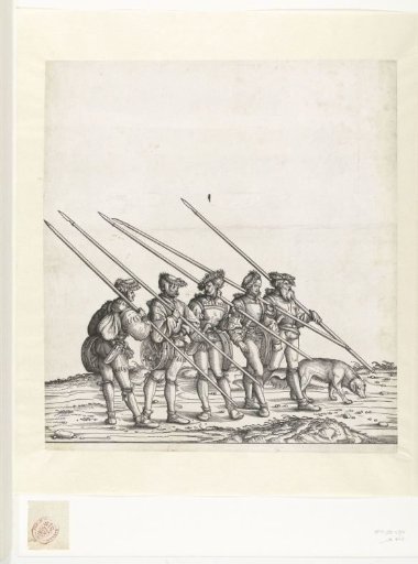 Five hunters and dog at the hunt for ibexes and chamois